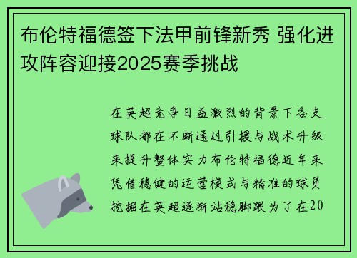 布伦特福德签下法甲前锋新秀 强化进攻阵容迎接2025赛季挑战